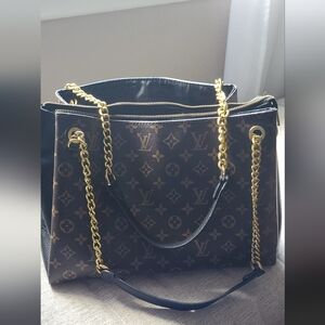 Brown Monogram Canvas Tote with Gold Chain Straps